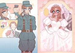 1boy ainsliesentry before_and_after blush crossdressing crown dress femboy feminine_male feminization indie_virtual_youtuber jewelry makeup military_uniform mmgoto otokonoko virtual_youtuber wedding_dress