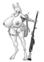 anthro big_breasts breasts canine female greyscale gun huge_breasts hyper hyper_breasts mammal monochrome ndragon3 nipples pussy ranged_weapon solo thick_thighs voluptuous weapon