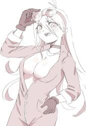 2024 blush breasts choker cleavage dadadaeki00 danganronpa danganronpa_v3 female female_focus female_only gloves goggles goggles_on_head iruma_miu long_hair mechanic_outfit necklace sketch white_background zipper zipper_down