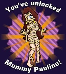 1girls accurate_art_style blue_eyes breasts brown_hair dialogue ear_piercing english_text female female_only halloween human jewelry long_hair looking_at_viewer mario_(series) mummy mummy_costume mummy_wrappings nintendo pauline solo solo_female solo_focus the_moss-man voluptuous voluptuous_female