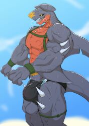 abs absurd_res anthro bodily_fluids bulge clothing digital_drawing_(artwork) digital_media_(artwork) garchomp generation_4_pokemon geryorias harness hi_res jewelry male muscular muscular_male necklace nintendo nipples pokemon pokemon_(species) sky_background solo standing sweat swimwear tail teeth vein veiny_muscles