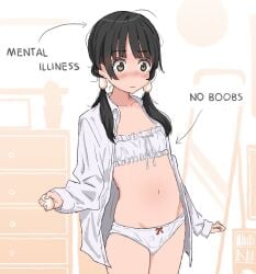 1girls aiu404l blush bra embarrassed female flat_chest mentally_ill_(meme) panties solo underwear