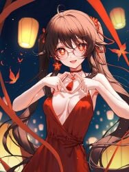 absurd_res ai_generated butterfly dress elegant_dress flames genshin_impact glasses hu_tao_(genshin_impact) medium_breasts ministro nipples nipples_visible_through_clothing no_bra solo