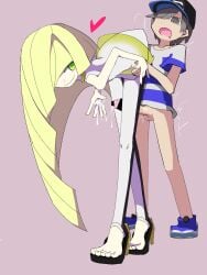 dominant_female elio_(pokemon) female humping kan_(artist) lusamine_(pokemon) male pokemon pokemon_sm sex size_difference thigh_sex