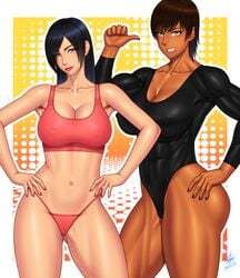 2girls black_hair breasts dark-skinned_female dark_skin ero-chong female green_eyes hips koko_ray large_breasts leotard lucy_lennon mole mole_under_eye multiple_girls muscle navel neo_knights simple_background sports_bra thong