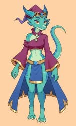 absurd_res anthro azura_(golddrake) barefoot belt blue_body blue_scales bottomwear breasts clothing exposed_shoulder feet female gem gold_trim hat headgear headwear hi_res horn kobold large_sleeves magic_user medieval_fantasy meelsyse midriff scales scalie skirt solo tail