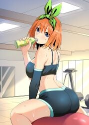 ass back bare_arms bare_legs bare_shoulders bare_thighs big_breasts blue_eyes blue_sports_bra blush bottle breasts drinking elbow_gloves exercise_ball gloves go-toubun_no_hanayome gym gym_shorts hair_ribbon indoors kosmos_beta nakano_yotsuba orange_hair shiny_skin short_hair shoulder_blades sitting sitting_on_ball sports_bra sweatdrop thighs