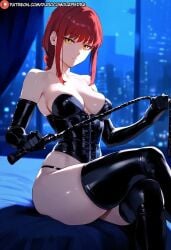 assertive_female beautiful_female big_ass big_breasts big_penis chainsaw_man dominant_female dominant_male dominatrix_outfit dommy_mommy female_domination femdom good_boy hourglass_figure latex makima_(chainsaw_man) pale-skinned_female red_hair shounen_jump whip yellow_eyes