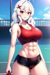 1girls abs ai_generated alufliniy belly_button busty cameltoe erispheria female female_focus gym_clothes hourglass_figure huge_breasts looking_at_viewer red_eyes sweat sweating toned_belly toned_female toned_stomach twitch twitter visible_pussy vtuber white_hair wide_hips youtube youtube_hispanic