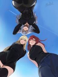 3girls black_cat_(marvel) blonde_hair bodysuit breasts cleavage felicia_hardy female female_focus gwen_stacy hi_res large_breasts light-skinned_female light_skin looking_at_viewer looking_down mary_jane_watson mugit49 red_hair spider-man_(series) thighhighs thighs tight_clothing white_hair