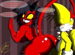 big_breasts big_butt black_hair crossover english_text fox foxiumart horn imp millie_(helluva_boss) older_female red_skin tail tails tails_the_fox younger_male