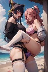 2:3 2girls ai_generated arms_behind_back beach big_ass big_breasts bikini birdawg16 black_hair bondage carrying_partner collar dead_or_alive dead_or_alive_xtreme_beach_volleyball dominant_female honoka_(doa) lesbian_domination lezdom lezsub lifting_person nyotengu older_woman_and_younger_girl orgasm orgasm_face pink_hair pounding_pussy stand_and_carry_position standing_sex stockings strap-on strapon strapon_in_pussy submissive_female tied_up vaginal_penetration yuri