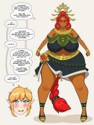 1female 1girls aged_up ass big_ass breath_of_the_wild dark-skinned_female dark_skin deztyle english_text fat fat_female fat_thighs female gerudo light-skinned_male link link_(breath_of_the_wild) lookmanilikeit1 red_hair riju solo_female speech_bubble text text_bubble the_legend_of_zelda twitter_link