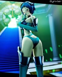 3d alternate_costume artist_name ass ass ass_cleavage atlus battle_panties bikini_armor blue_clothing blue_hair blush blush boots breasts clock eyebrows eyelashes grabbing grabbing_own_breast headband hips indoors one_eye_closed persona persona_3 pillar rynxler short_hair shushing stairs teeth thick_thighs thighs wide_hips wink yamagishi_fuuka