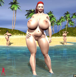 3d 3girls bare_shoulders barefoot beach big_breasts black_hair blonde_hair busty cleavage curvy detailed_background erect_nipple erect_nipples eyelashes female female_only front_view hourglass_figure human lipstick long_hair looking_at_viewer makeup multiple_females multiple_girls nail_polish naked nude original_character outdoor outside partially_submerged ponytail pose posing red_hair red_lipstick sand shadow shaved_pussy spread_legs spreading standing tied_hair tree voluptuous water wide_hips xskullheadx yellow_hair