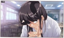 1girls 2022 black_hair black_hair_female brown_eyes classroom cleavage clothed_female cum cum_on_face cum_on_hair female komi-san_wa_komyushou_desu komi_shouko looking_at_viewer mole mole_on_breast school tagme whishtler_comics