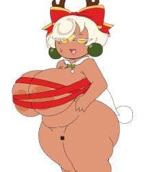 1girls areolae areolae_visible_through_clothing ass big_ass bowtie breasts candy_drop_cookie cape censored christmas christmas_clothing christmas_outfit chubby chubby_female cookie_run cookie_run_kingdom deer_horns dn0528 earrings eyebrows_visible_through_hair female female_focus female_only headwear huge_ass huge_breasts inverted_nipples large_ass large_breasts mostly_nude nipples open_mouth partially_clothed ribbon short_hair simple_background solo solo_focus tan_body tan_skin thick_thighs thighs vagina visible_nipples voluptuous voluptuous_female white_background white_hair wrapped yellow_eyes