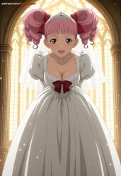 1girls ai_generated blush blush_lines blushing bow bow_ribbon bowtie breasts brown_eyes clothed clothing curled_hair curly_hair detailed_background deviantart_link dress eyelashes female female_only fully_clothed hair_ornament hair_ribbon light-skinned_female light_skin lighting lipstick medium_breasts medium_hair miwako_sakurada mouth_open necklace open_mouth paradise_kiss pearl_necklace pillar pink_blush pink_eyebrows pink_hair pink_lips slim_waist solo straight_bangs thin_eyebrows thin_waist tiara twintails twirling_hair watermark wedding_dress