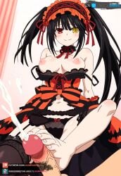 1boy 1boy1girl ai_generated bare_chest big_breasts black_hair blush clock_eye cum cumshot curvy date_a_live dress female foot_fetish footjob footwear juanpiamvs long_hair nipples patreon patreon_username pov_feet pov_male red_eye smiling subscribestar subscribestar_username tokisaki_kurumi watermark yellow_eye