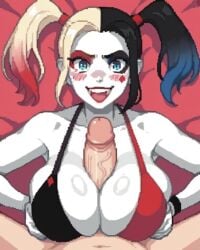 1boy 1girls ai_art ai_generated batman_(series) big_breasts big_penis bikini_top clussy dc harley_quinn paizuri pixel_art pov saucy_trove straddling straddling_paizuri titfuck titjob two_tone_hair