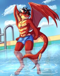 anthro barbed_penis bulge cerezo clothing felix_reverie horn laptopgun male male_focus male_only penis poking_out pool_(disambiguation) spikes swimsuit water wings