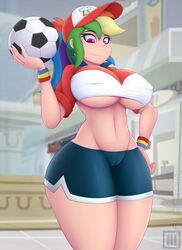 1girls 2010s 2019 baseball_cap big_breasts booty_shorts breasts burstfire cameltoe cap curvy dolphin_shorts equestria_girls erect_nipples friendship_is_magic front_view hand_on_hip happy heroine humanized indoors large_breasts legs_together light-skinned_female light_skin logo_on_headwear long_hair looking_at_viewer looking_down multicolored_hair my_little_pony nipple_bulge pink_eyes ponytail rainbow_dash_(eg) rainbow_dash_(mlp) rainbow_hair rainbow_wristbands shiny_bottomwear shiny_skin shirt shop short_shorts shorts side_slit smile smirk snapback soccer_ball solo solo_female standing straight_hair strong_tomboy_(spectrum) teenage_girl teenager thick_thighs thighs tomboy two_tone_headwear two_tone_headwear_(redandwhite) two_tone_topwear two_tone_topwear_(redandwhite) underboob visor_cap watermark western_art western_cartoon wide_hips worm's-eye_view wristbands