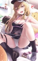 1000th_post areolae armpits blonde_hair blush breasts clothed d4dj heart inuyose_shinobu on_bed padoruu panties plushie stripping teasing_viewer yamate_kyoko