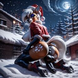 ai_generated anthro anus ass athletic balls christmas deer futanari gloves moon penis rear_view reindeer santa_costume snow tail