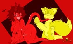 big_breasts big_butt black_hair boner crossover eastern_and_western_character fox foxiumart helluva_boss horn imp millie_(helluva_boss) older_female red_skin sonic_(series) tail tails tails_the_fox teasing younger_male