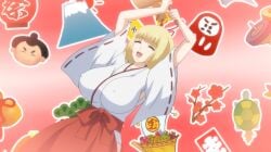 1girls alisa_(katainaka_ni_totsui_de_kita_russia_musume_to_h_shimakuru_ohanashi) big_breasts blonde_hair blonde_hair_female bouncing_breasts breasts closed_eyes clothed_female dancing daruma_doll female female_only gigantic_breasts huge_breasts hyper_breasts katainaka_ni_totsui_de_kita_russia_musume_to_h_shimakuru_ohanashi miko mount_fuji nipples_visible_through_clothing open_mouth russian_female russian_girl screencap short_blonde_hair short_hair smile