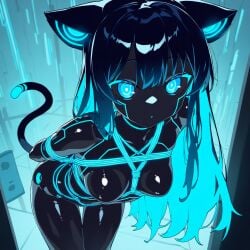 absurd_res ai_generated anime_style black_body black_hair blue_eyes blue_rope bondage cat_ears cat_tail catgirl female glass highres neon nude original original_character tron_legacy