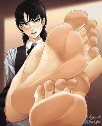 1girls black_hair blush_lines blushing_female body_worship chainsaw_man cute_dom feet feet_on_desk feet_on_table feet_up female_focus femdom foot_fetish foot_focus foot_lick foot_play foot_worship mitaka_asa nerdy_female perfect_feet shy_dom sole_female soles stern_expression sweatdrop toes virgin worship