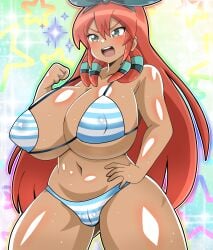 1girls bikini blush bow cameltoe dark-skinned_female dark_skin female green_eyes hairbow hand_on_hip inazuma_eleven inazuma_eleven_go jade_greene long_hair nipple_bulge orange_hair seto_midori snowpowder198 solo solo_female sparkles star striped_bikini wet wet_body