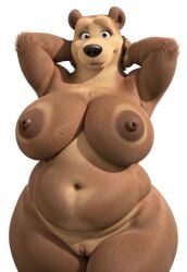 ai_generated anthro bear belly belly_button big_breasts black_nose brown_eyes brown_fur chubby claws curvy fat female female_only front_view furry furry_female half_body hand_behind_head huge_breast huge_breasts hyper_breasts lady_bear_(masha_and_the_bear) large_breasts looking_at_viewer masha_and_the_bear massive_thighs nude overweight paws pussy simple_background solo standing vagina wide_hips