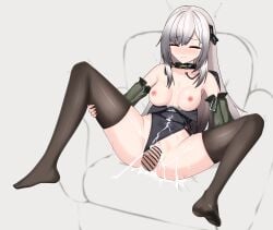 absurdres bar_censor black_outline black_thighhighs blush breasts censored closed_eyes clothed_sex clothing_aside commission couch cum cum_in_pussy cum_on_clothes detached_sleeves disembodied_penis excessive_cum female girls'_frontline grabbing_own_thigh heart heart_censor highres long_hair m_legs medium_breasts mk.18_(girls'_frontline) nabiyan on_couch outline penis sex simple_background swimsuit swimsuit_aside thighhighs vaginal_penetration white_hair