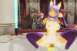 animal_ears armwear balls bukkake cm3d2 cum cum_on_body custom_maid_3d digimon disembodied_penis foursome furry hair looking_at_viewer mmmf peace_sign penis purple_hair renamon tagme thighhighs v yellow_fur