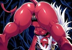 ass bent_over big_ass cave demon demon_girl demon_horns female grin large_breasts mullon nephel original_character red_body red_skin white_hair