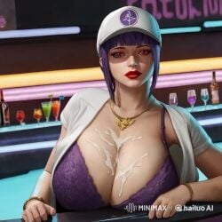 1girls ai_animation ai_generated animated bangs bar bartender baseball_cap big_breasts big_lips blunt_bangs bra bracelet bracelets breasts breasts_bigger_than_head busty club cocktail cum cum_on_breasts cum_on_chest cum_on_upper_body drinks exposed_bra female female_only front_view full_lips gigantic_breasts gold_(metal) gold_jewelry gold_necklace hat huge_breasts indoors jewelry lace-trimmed_bra large_breasts light-skinned_female light_skin lips lipstick looking_at_viewer martini_glass necklace oboro_(taimanin_asagi) ornate_bra purple_bra purple_clothing purple_hair red_eyes red_lipstick short_sleeves sidelocks snapback snapback_hat solo solo_female static_animation tagme thick_lips upper_body video white_baseball_cap white_clothing white_headwear white_shirt wide_face