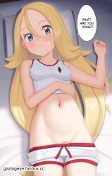 aqua_eyes blonde_hair blush breasts censored clothes_pull collarbone commentary cropped_shirt cum cum_on_body english_text facial female gazing_eye hair_between_eyes hand_up head_on_pillow highres korrina_(pokemon) long_hair looking_at_viewer lying mosaic_censoring navel on_back pillow pokemon pokemon_xy shadow shirt shorts shorts_pull sidelocks sleeveless sleeveless_shirt solo speech_bubble teeth watermark web_address white_shirt white_shorts