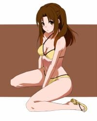 00s breasts brown_eyes brown_hair cleavage female female_focus kneeling long_hair medium_breasts navel solo tsukihime ue-sita yellow_background yumizuka_satsuki