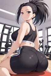 1girls ai_generated ass brown_hair brunette_hair female female_only gym gym_bottomwear gym_clothes gym_clothing gym_shirt gym_shorts gym_uniform momo_yaoyorozu my_hero_academia sexy.ai