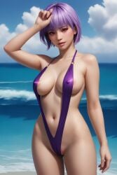 ai_generated ayane_(doa) beach bikini day daytime dead_or_alive front_view looking_at_viewer outdoors purple_hair red_eyes