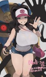 1girls alternate_breast_size antenna_hair bag bare_arms bare_shoulders baseball_cap behind_another big_breasts black_hair black_vest blue_shorts bra bra_visible_through_clothes breasts cofagrigus creatures_(company) denim denim_shorts exposed_pocket feet_out_of_frame female game_freak gen_5_pokemon grin half-closed_eyes hand_up hat hilda_(pokemon) holding holding_poke_ball impossible_clothes impossible_shirt large_breasts long_hair looking_at_viewer nintendo open_clothes open_vest ossan_056 poke_ball pokemon pokemon_(creature) pokemon_bw see-through_clothes see-through_shirt shirt short_shorts shorts shoulder_bag sleeveless sleeveless_shirt smile standing underwear vest white_shirt wristband