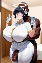 ai_art ai_generated angel angel_girl azazel_(helltaker) bbc big_ass big_black_cock big_breasts big_penis black_hair blue_eyes grabbing_breasts helltaker huge_cock hugging_from_behind large_breasts milf muscular_male selfie thick_thighs