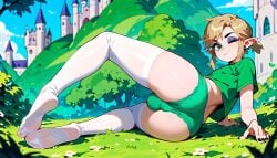 black_nail_polish black_nails eyeliner eyeshadow femboy_focus green_panties hyrule_castle link panties t-shirt the_legend_of_zelda thighhighs white_thighhighs winking_at_viewer