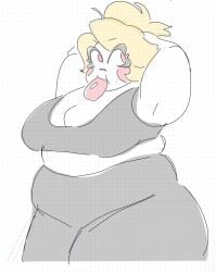 big_belly bulge charlie_morningstar_(hazbin_hotel) donut hazbin_hotel muffin_top overweight overweight_female smuush tagme tight_clothing tying_hair