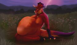 anthro belly big_belly breasts ceratopsian dinosaur electricity extinct female grass hi_res lightning non-mammal_breasts ornithischian plant prehistoric_species reptile roobin scalie solo toqli_(galis) triceratops vore