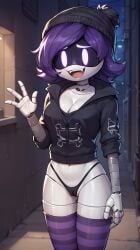 2d 4_fingers :d ai_generated alleyway autismmix_confetti_(model) beanie cameltoe cleavage fangs glowing_eyes hoodie marusame medium_breasts murder_drones open_mouth outdoors purple_eyes purple_hair robot_girl stable_diffusion striped_legwear thighhighs thong tongue uzi_(murder_drones) waving