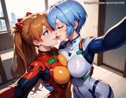 2girls ai_generated asuka_langley_sohryu blue_eyes blue_hair blush bodysuit breasts breasts_to_breasts brown_eyes brown_hair brown_hair curvy drooling eye_contact french_kiss highres hourglass_figure hug indoors kissing lesbian_kiss looking_at_another looking_at_each_other medium_breasts narrow_waist neon_genesis_evangelion qwertart reaching_out reaching_towards_viewer rei_ayanami selfie shiny_skin slim slim_waist small_breasts smile tagme teeth waist_grab wide_hips yuri