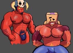 2boys arm_hair arms_behind_back bo_(brawl_stars) box brawl_stars bulge clothing demon demon_boy duo facial_hair fangs frankengrom gay gay_male grey_background grom_(brawl_stars) hairy hairy_male horns male male_only muscular muscular_male nipples pants partially_clothed pecs pubic_hair scar skull skull_hair_ornament smile supercell thighs underwear underworld_bo_(brawl_stars) xtra0182 yellow_eyes